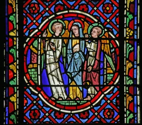 Vitrail représentant Scène de la Vie de Saint Bonnet : la Vierge disant aux Anges accompagnateurs qu